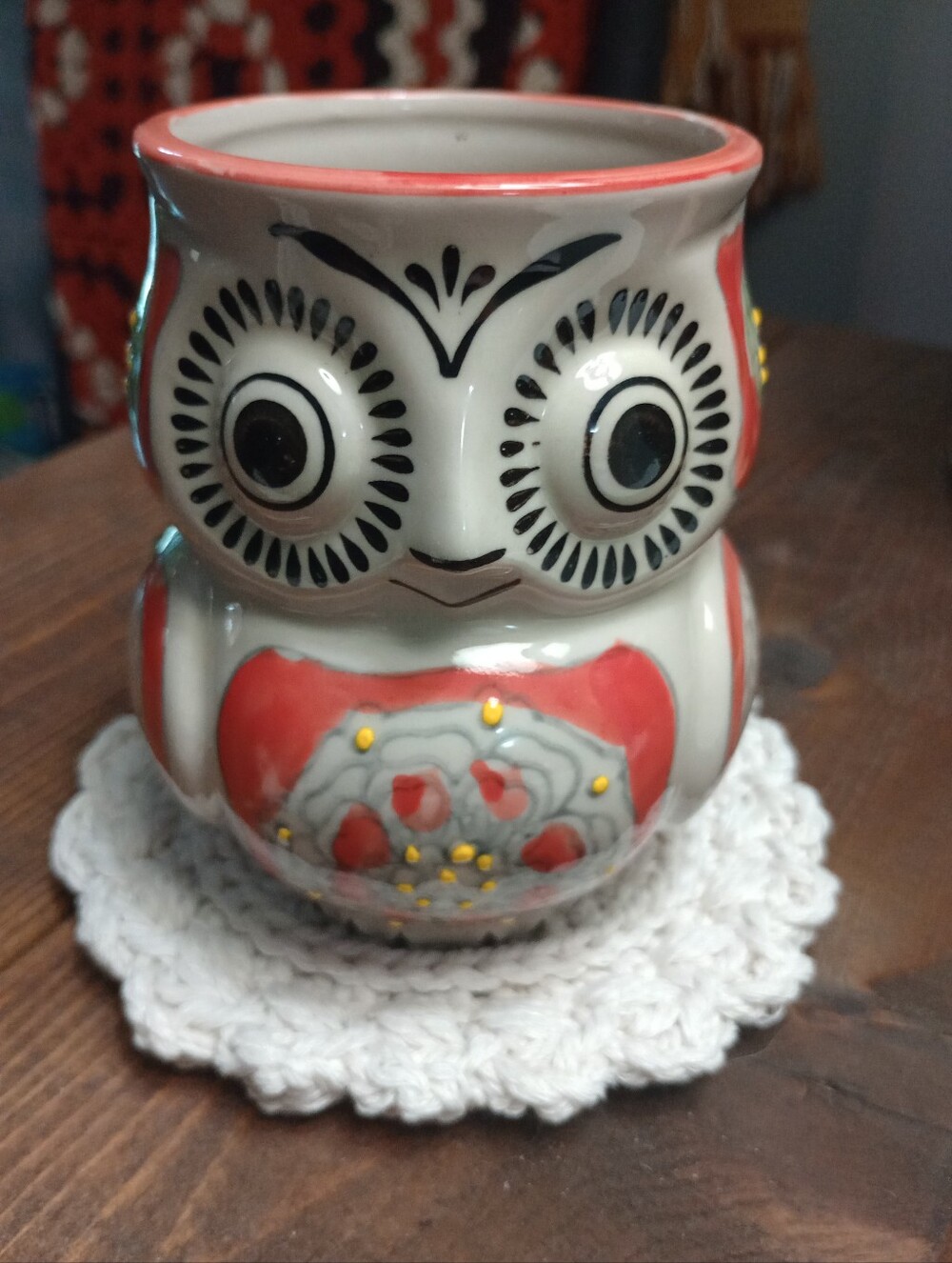 Hand Painted Ceramic Fall Owl Coffee Mug w/ Crochet Coaster - New